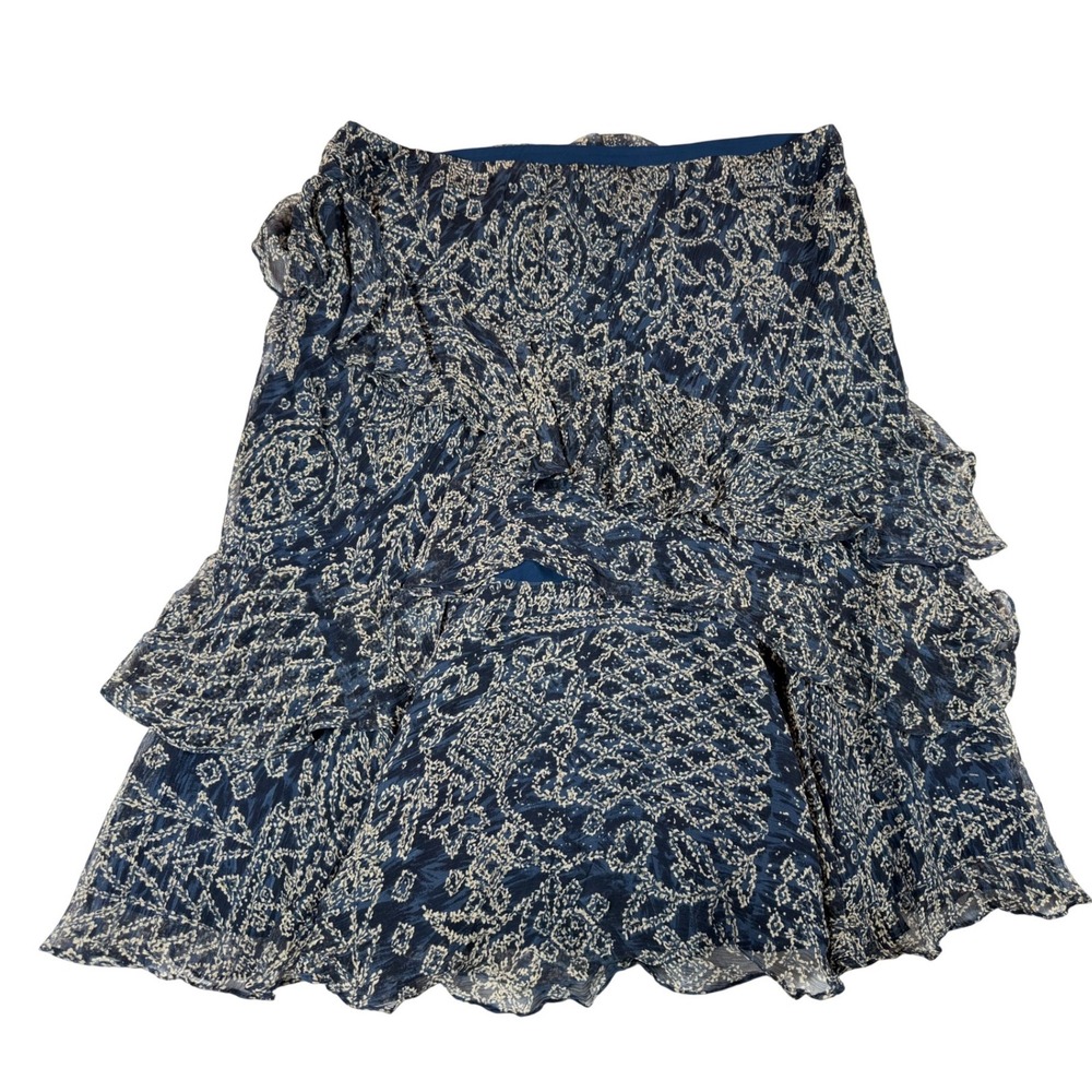 Lauren Ralph Lauren Silk Ruffle Tier Paisley Mini/Midi Skirt Navy Blue Cream L - Picture 8 of 9